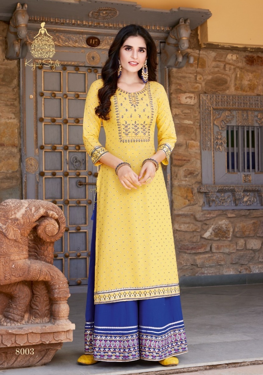 KAJAL-STYLE-FASHION-LABEL-VOL-8-REYON-KURTI-WITH-PLAZZO-SHARARA-WHOLESALER-4