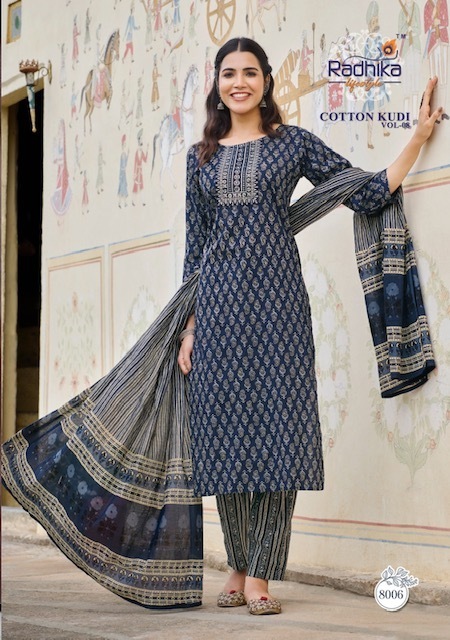 RADHIKA-LIFESTYLE-COTTON-KUDI-VOL-8-KURTI-PANT-WITH-DUPATTA-WHOLESALER-SURAT-7