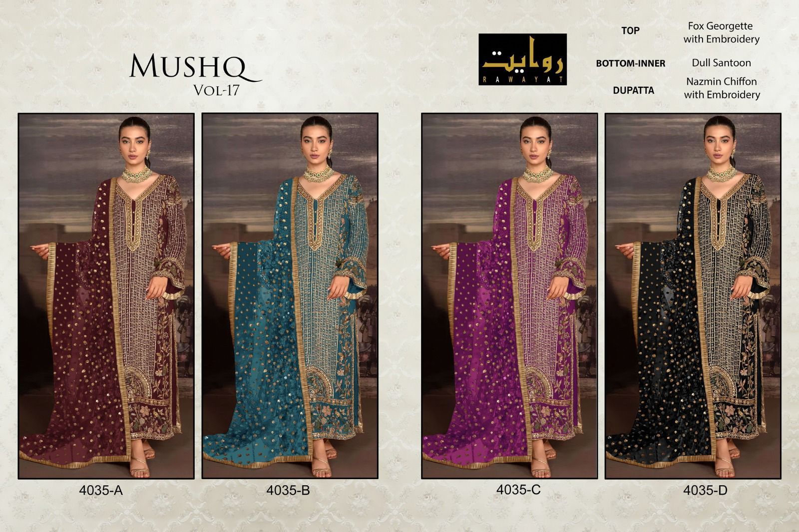 RAWAYAT-MUSHQ-VOL-17-FOUX-GEORGETTE-EMBROIDERY-PAKISTANI-SUITS-SURAT-6